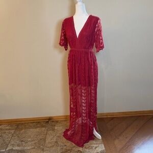 Gimmick Maroon Boho Style Lace Dress with Attached Shorts Medium
